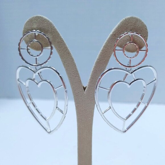 Jewelry - 5/$25 Dangle Heart Earrings Silver Tone Large Modernist Boho Pierced 2.5"